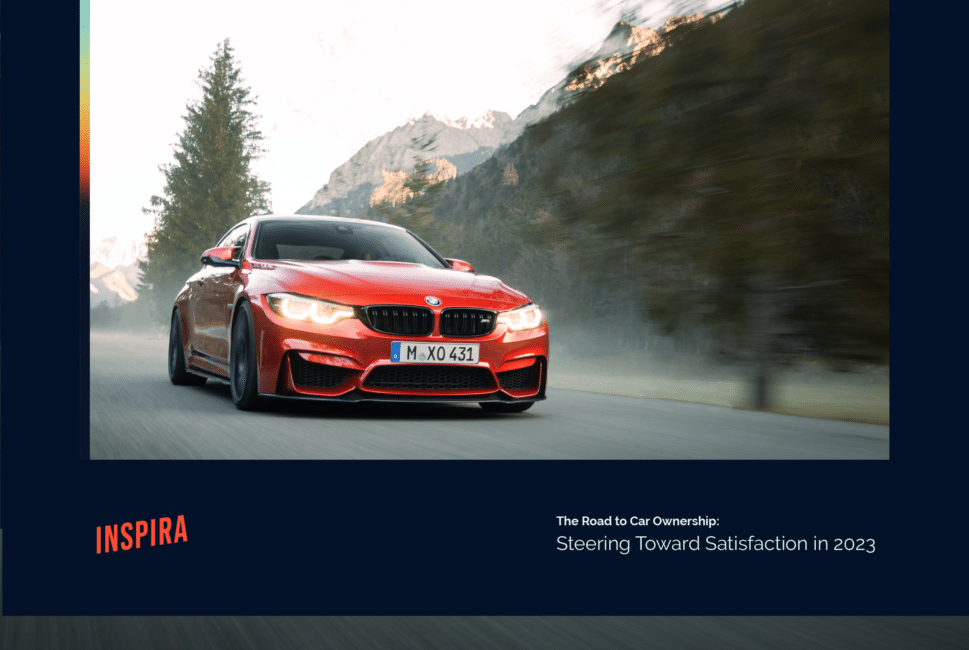 A red BMW flying down a mountain road. Text: Whitepaper “The Road to Car Ownership: Steering Toward Satisfaction in 2023”
