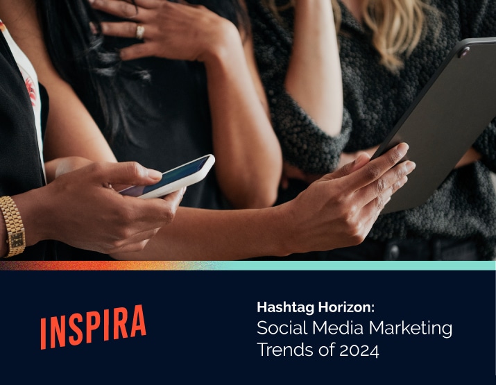 Two women holding a smart phone and a tablet. Text: “Hashtag Horizon: Social Media Marekting Trends of 2024”